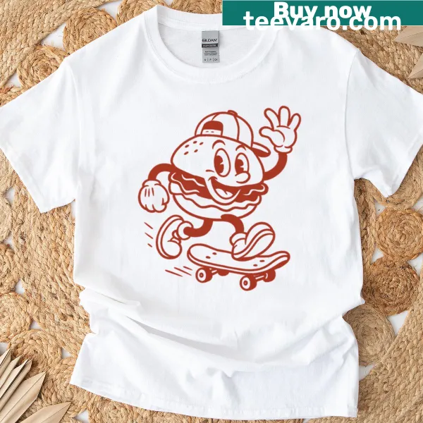 Cartoon burger on roller skates printed on a fun T-shirt