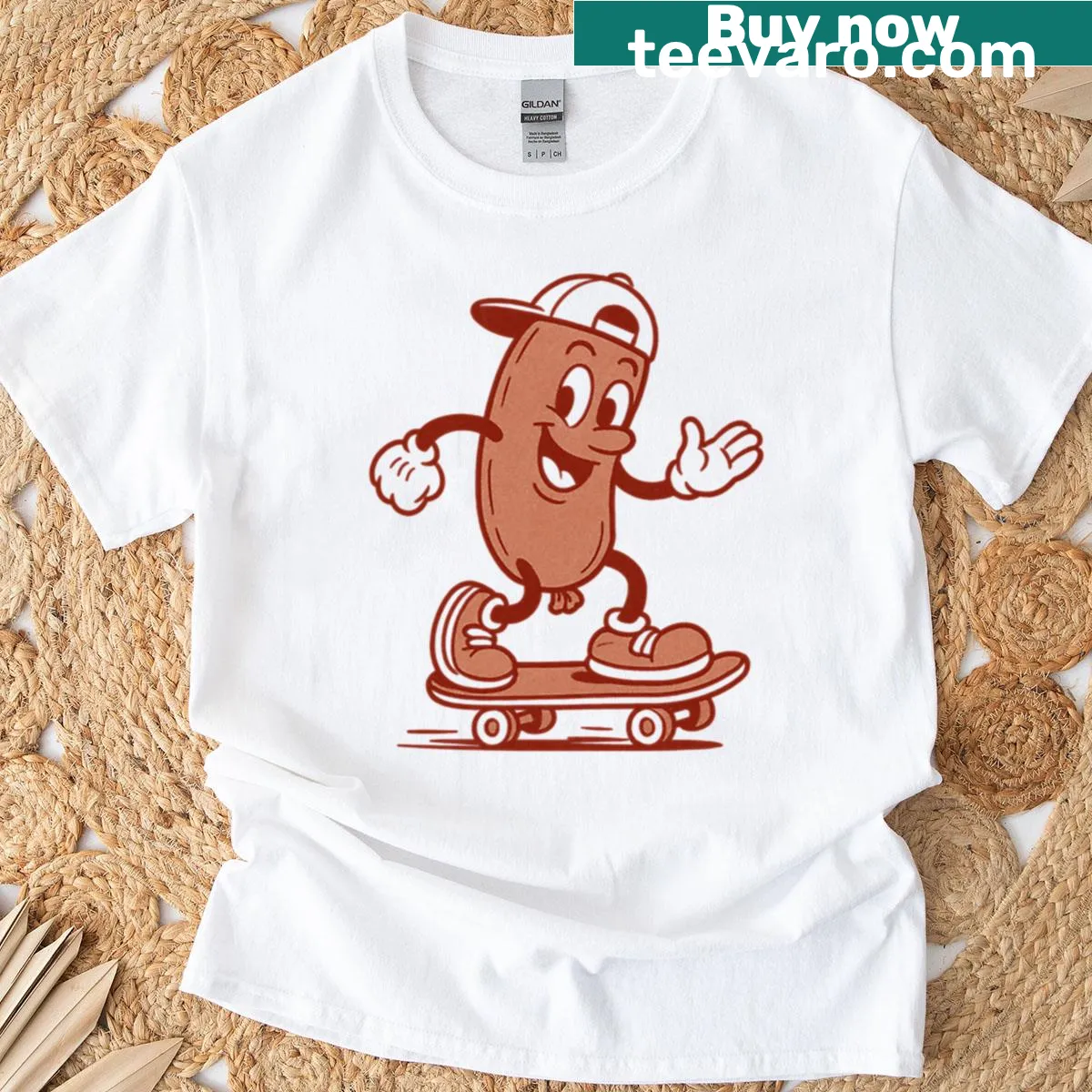 Retro-style T-shirt with a cartoon sausage on a skateboard — on a men's t-shirt