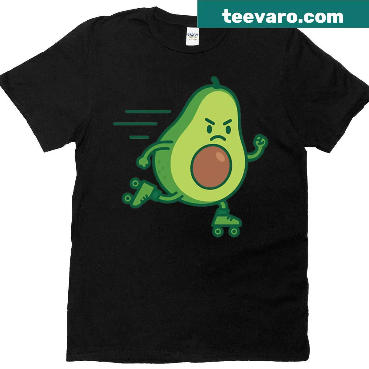 Cartoon avocado skating on a skateboard for a fun t-shirt design — on a men's t-shirt