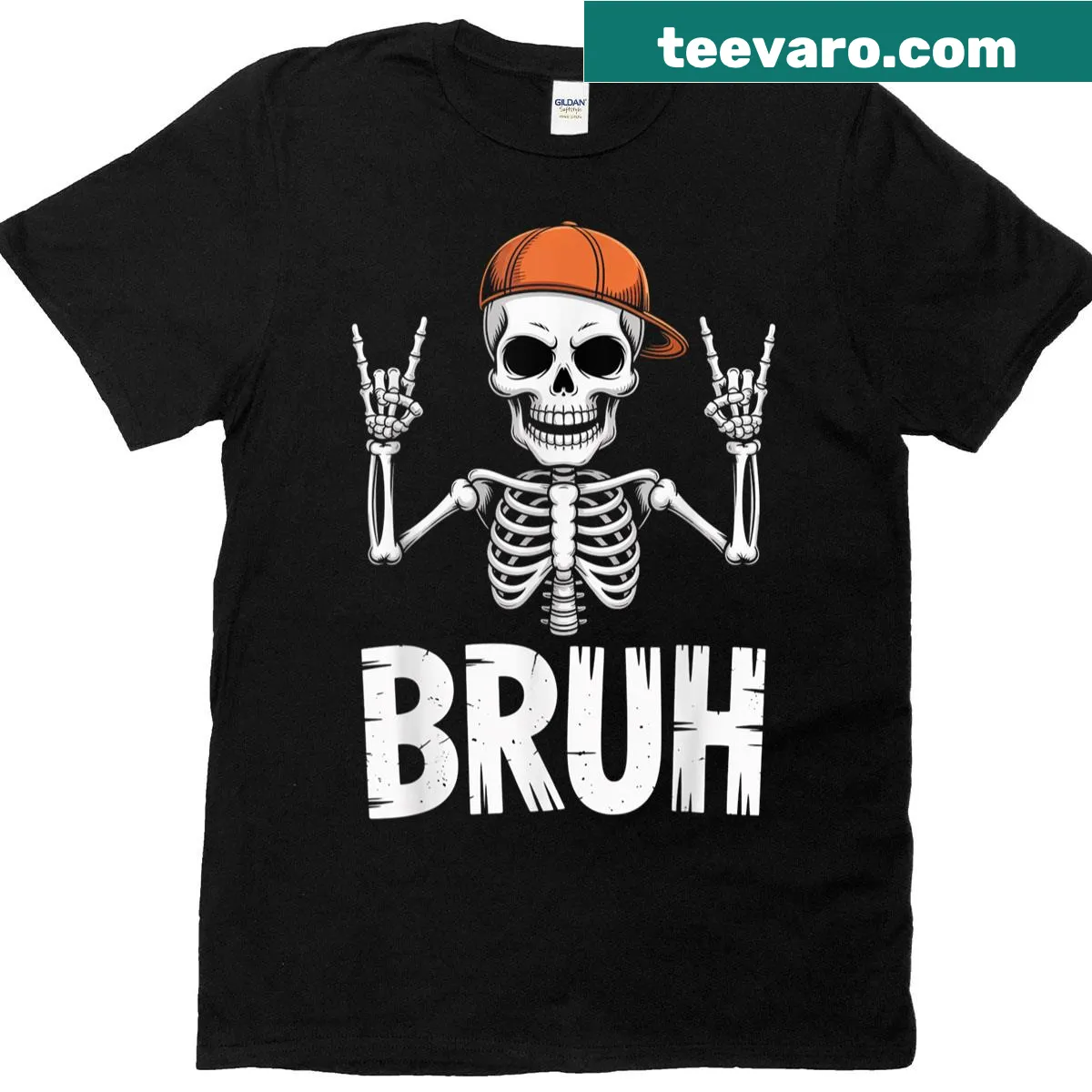 Funny Skeleton Boys Halloween T-shirt with rock-on gesture. — on a men's t-shirt
