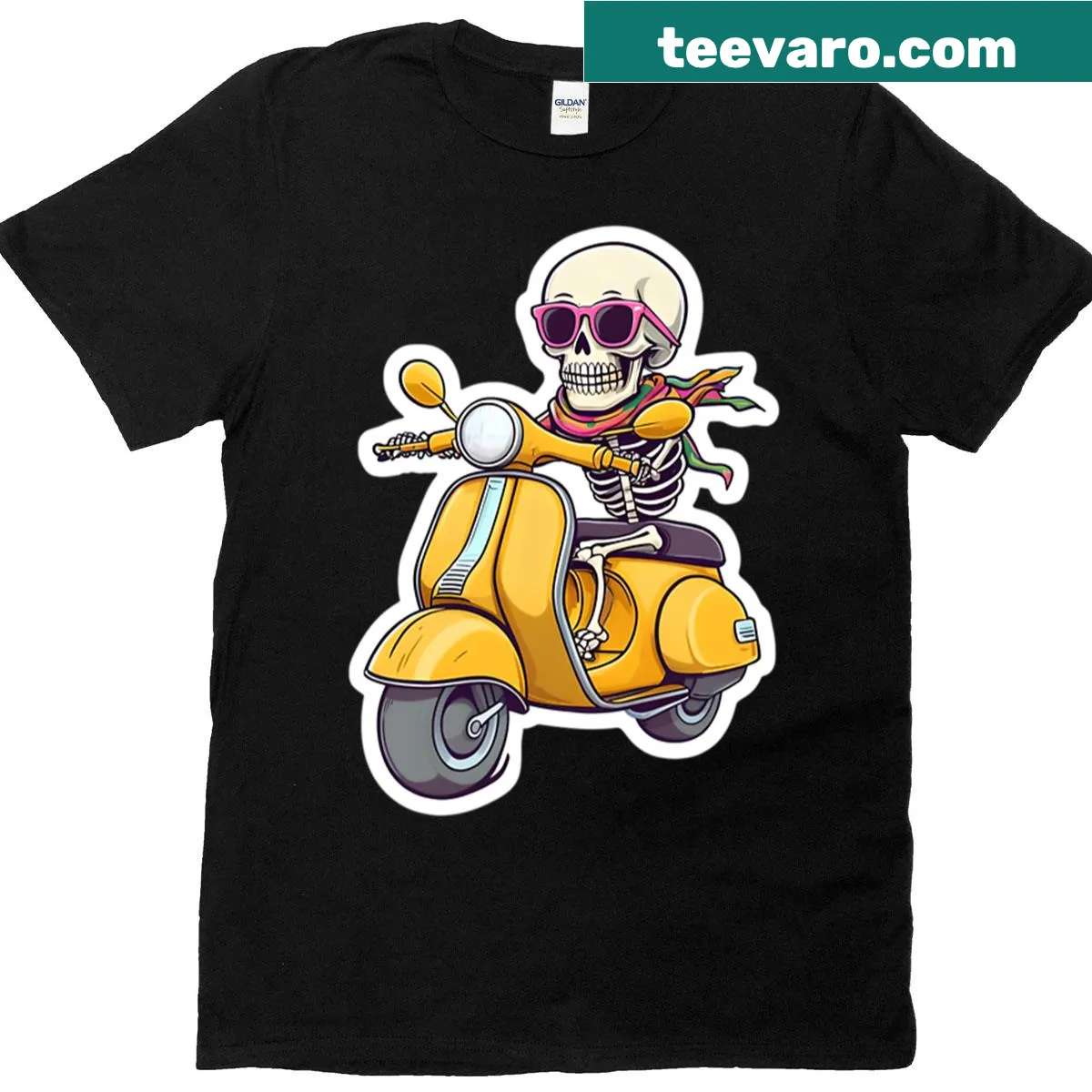Retro T-shirt with skeleton riding a scooter illustration. — on a men's t-shirt