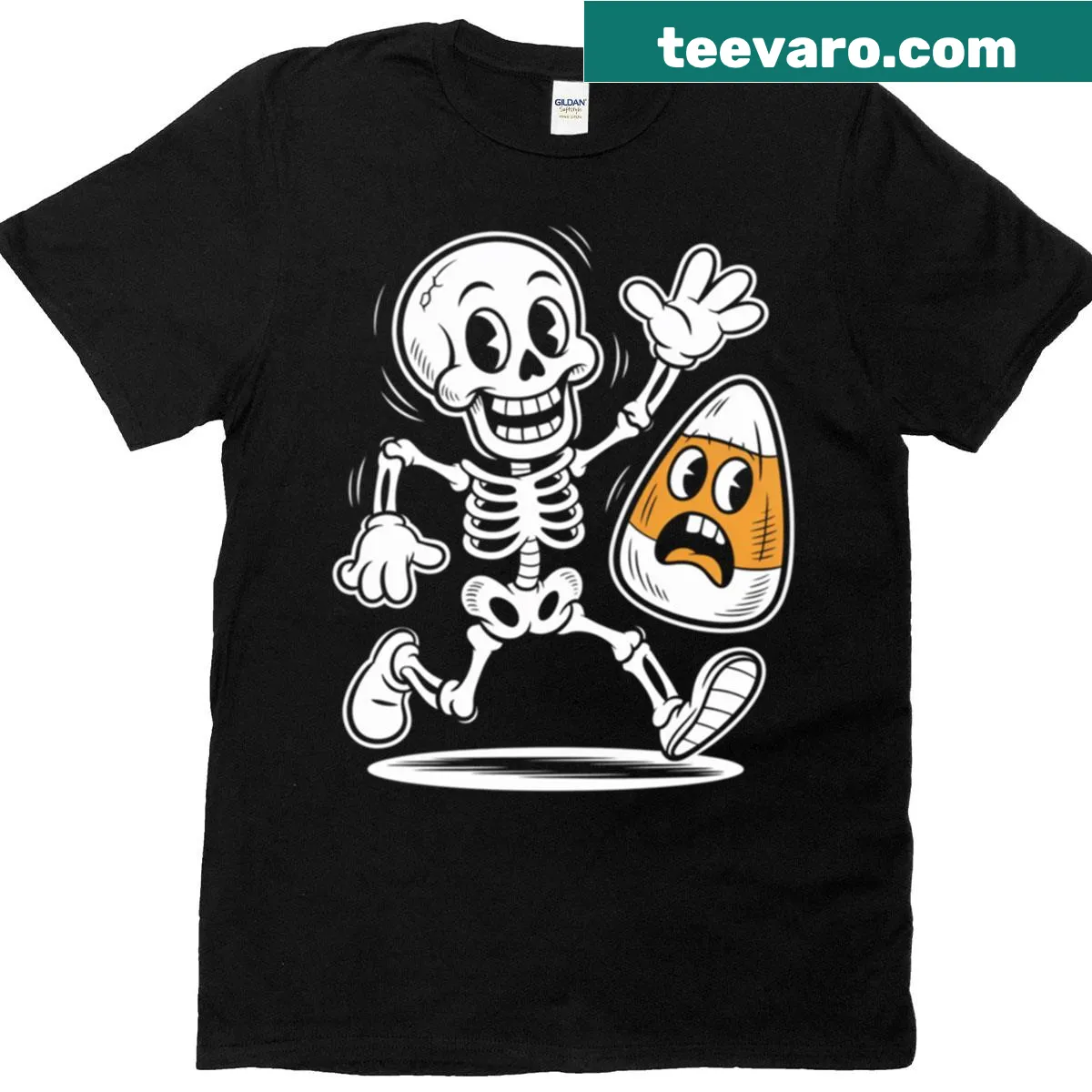 Fun skeleton illustration sprinting on a Halloween t-shirt — on a men's t-shirt