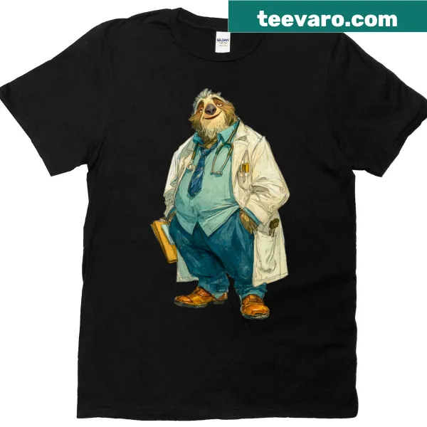 Cute oversized T-shirt with sloth bear doctor illustration