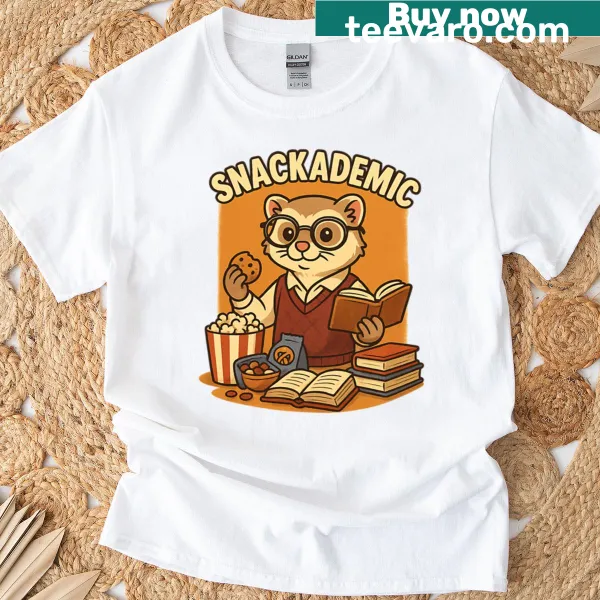 Cartoon ferret with books and snacks on a t-shirt