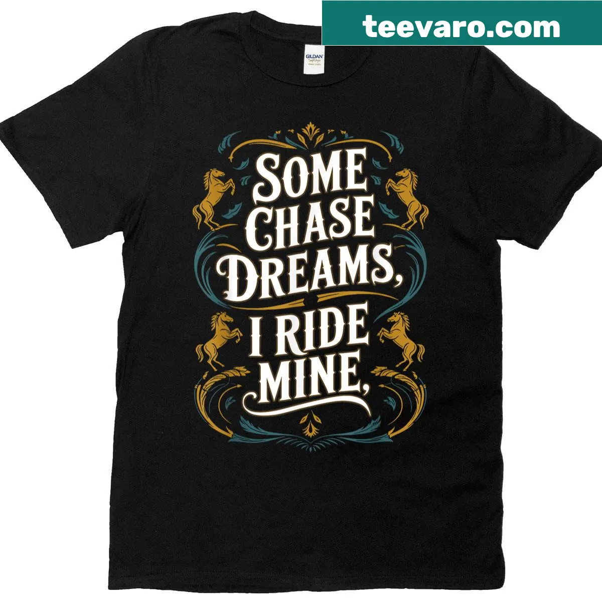 Horse lover T-shirt with whimsical illustration and text — on a men's t-shirt