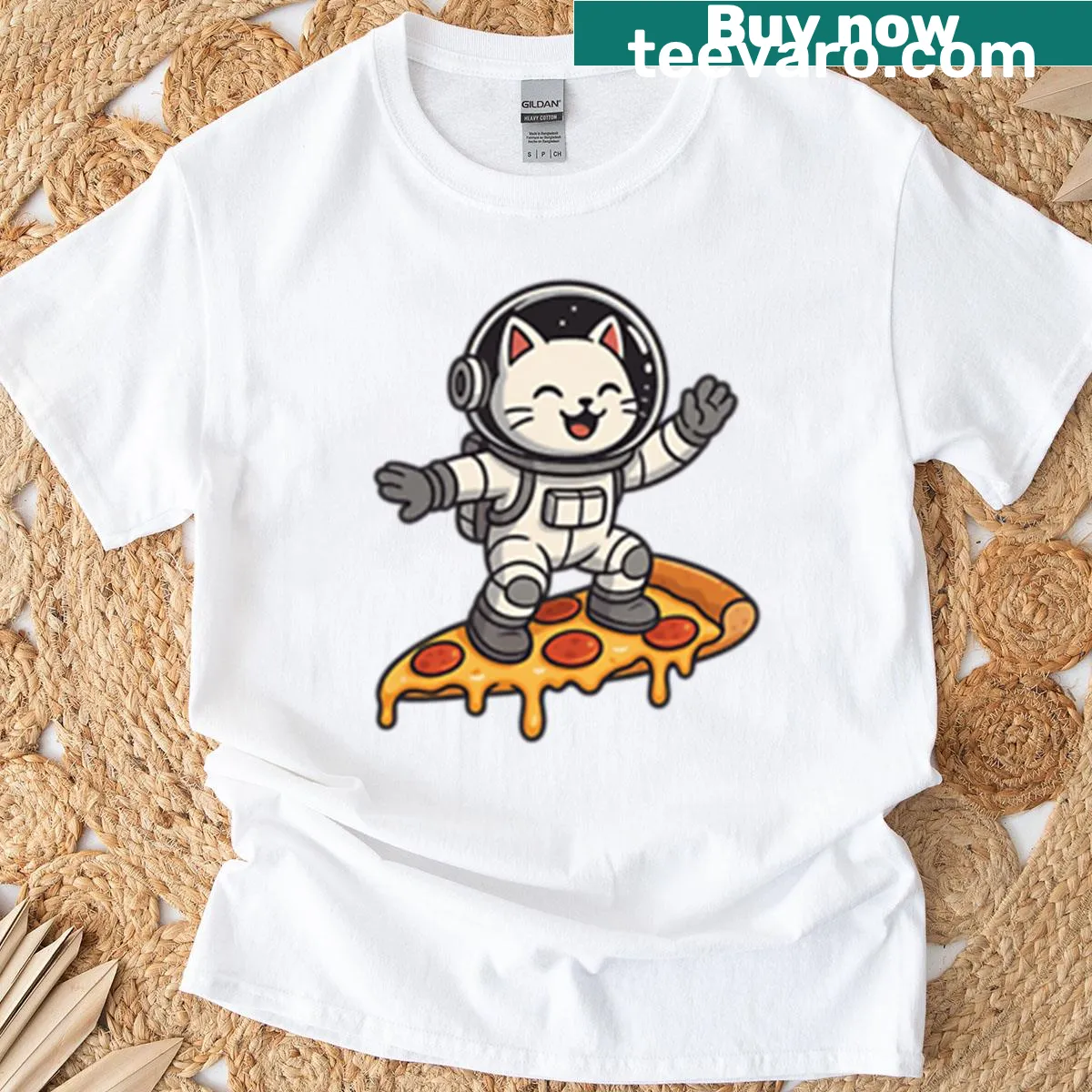Illustration of a cat in space riding a pizza slice — on a men's t-shirt
