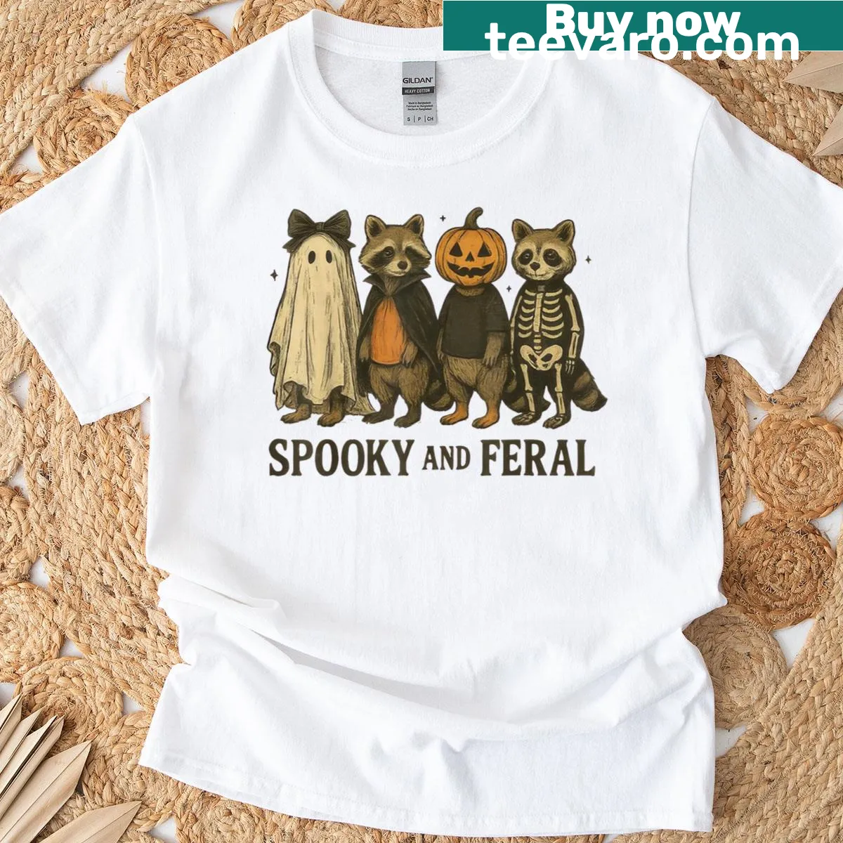 Funny Halloween T-shirt featuring a raccoon illustration — on a men's t-shirt