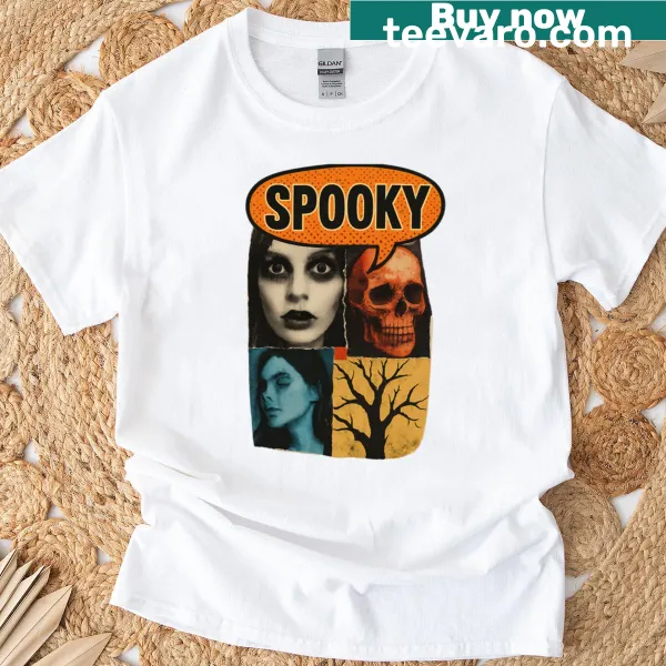 T-shirt featuring a spooky collage design for Halloween