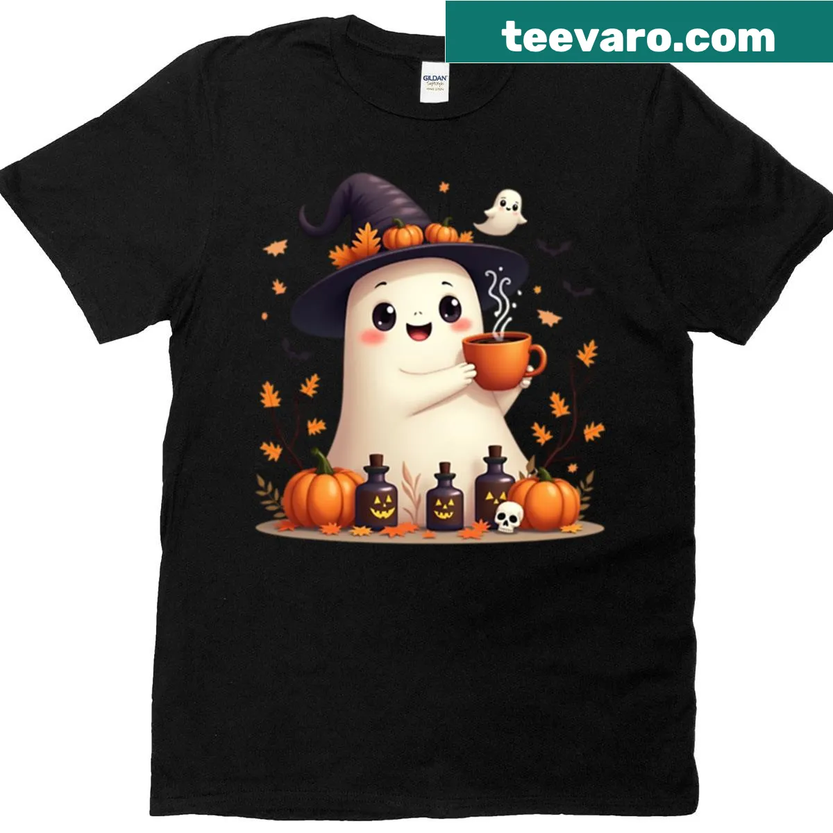 Oversized T-shirt with a ghost drinking coffee for Halloween — on a men's t-shirt