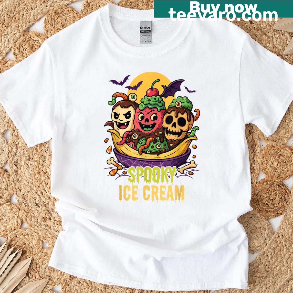 Halloween T-shirt featuring a spooky ice cream dessert design — on a men's t-shirt