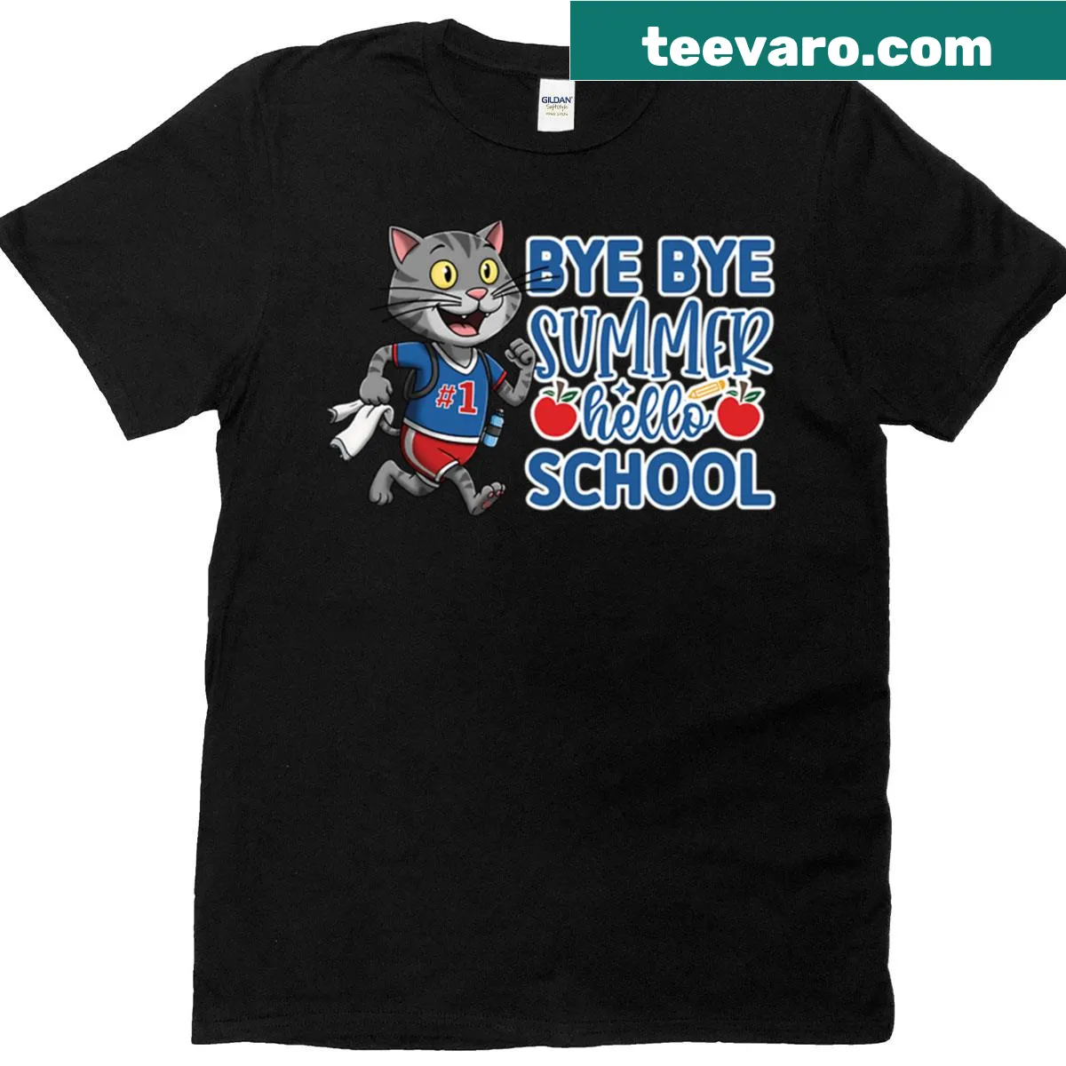 Sporty cat graphic with the phrase 'Bye Summer Hello School' on T-shirt — on a men's t-shirt