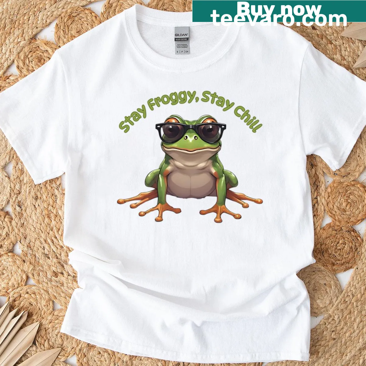 Playful T-shirt featuring a chill frog illustration — on a men's t-shirt