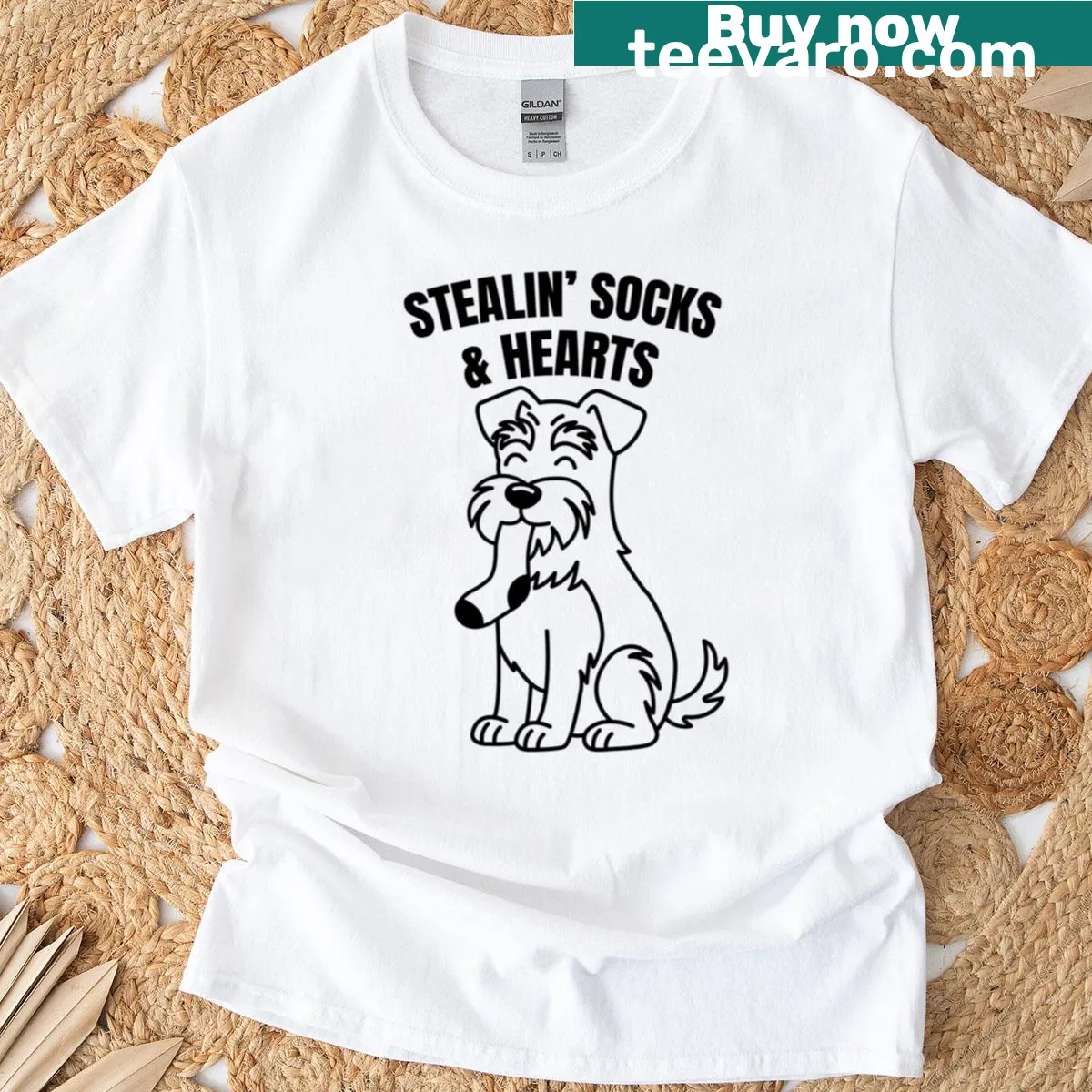 Schnauzer dog stealing socks in a playful illustration with hearts — on a men's t-shirt