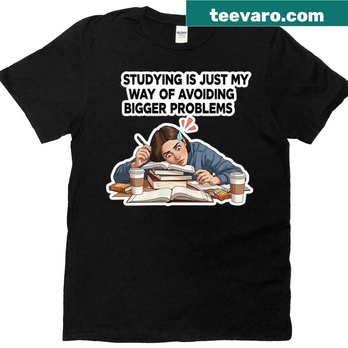 Funny student T-shirt with 'Studying Is My Way Of Avoiding Problems' text — on a men's t-shirt