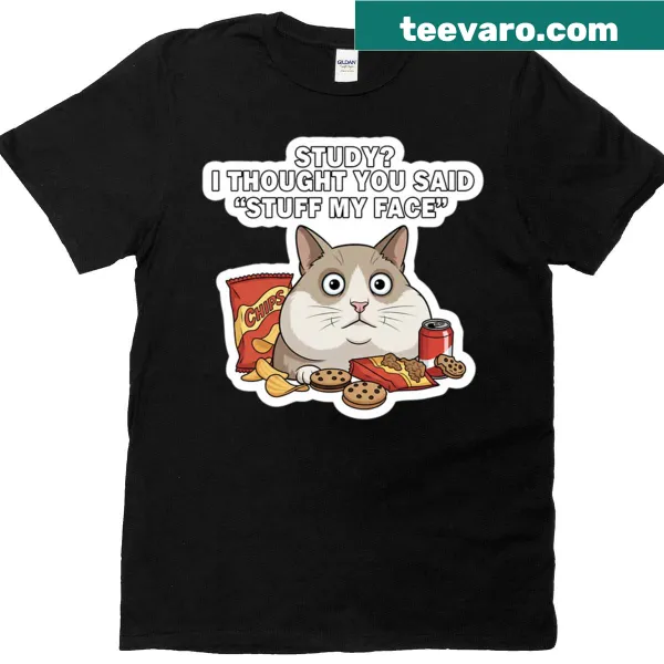 Cute cat sticker illustration on a t-shirt with humorous text.