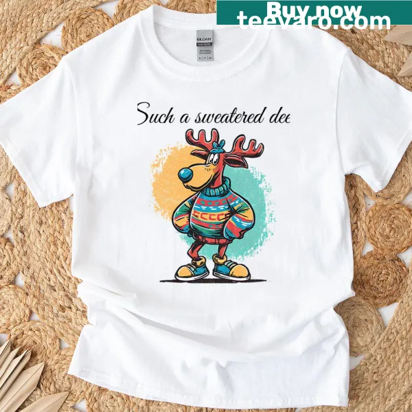 Oversized t-shirt with a cozy deer in a sweater illustration