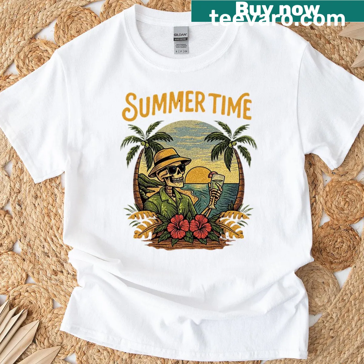 T-shirt featuring a skeleton relaxing at a tropical sunset — on a men's t-shirt