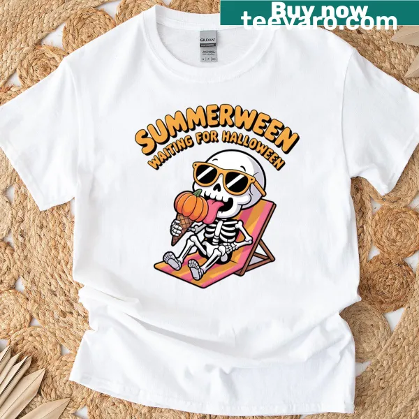 Summer-themed t-shirt celebrating the anticipation of Halloween