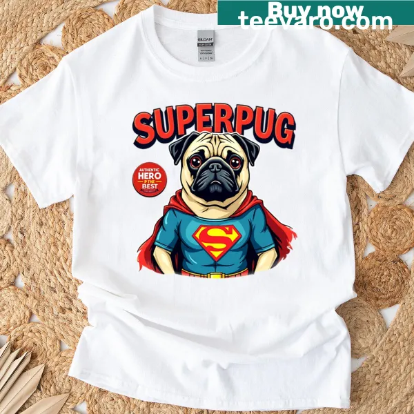 Retro comic-style pug in superhero costume design