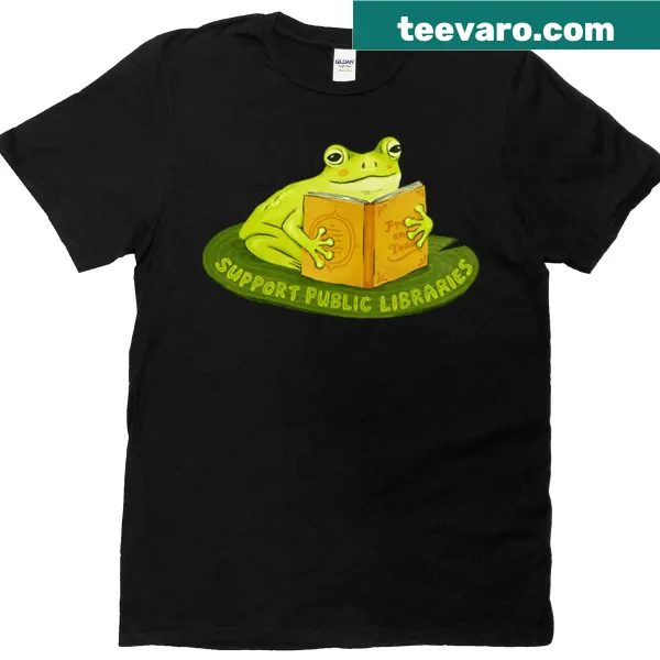Oversized T-shirt with an illustration of a frog supporting public libraries