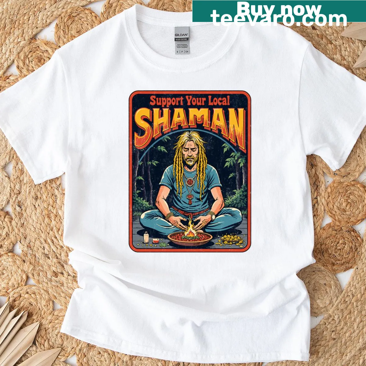 Vintage Support Your Local Shaman graphic on a t-shirt — on a men's t-shirt