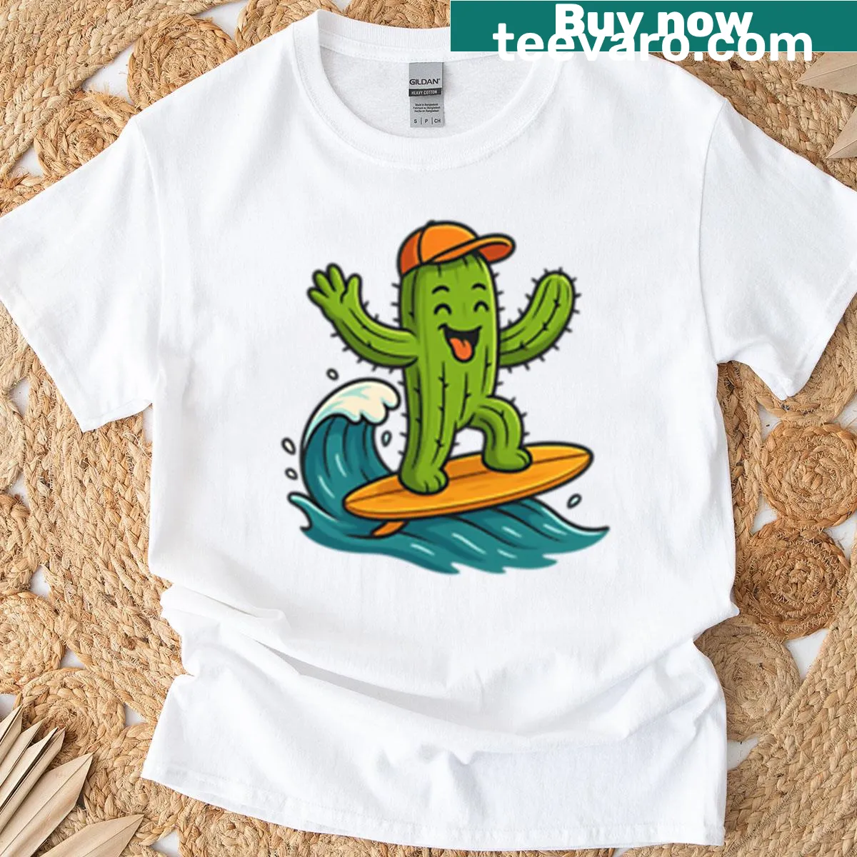 Oversized T-shirt featuring a surfing cactus illustration — on a men's t-shirt