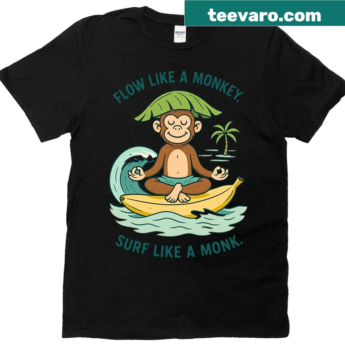 Playful T-shirt with 'Surf Like A Monk' text — on a men's t-shirt