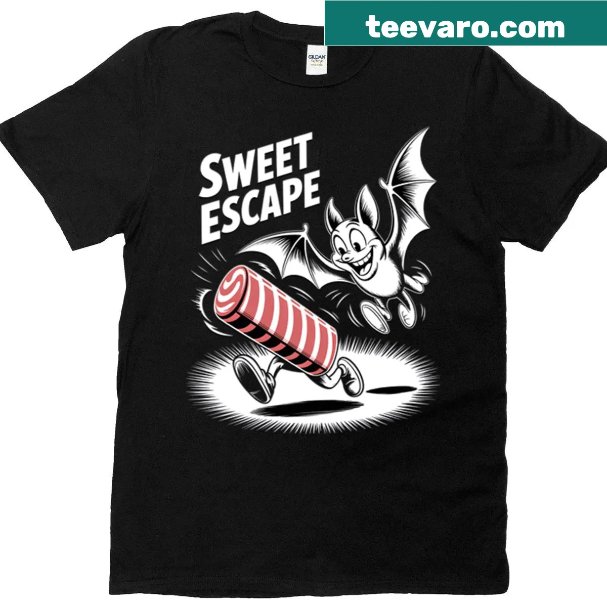 Whimsical T-shirt with bat chasing candy illustration — on a men's t-shirt