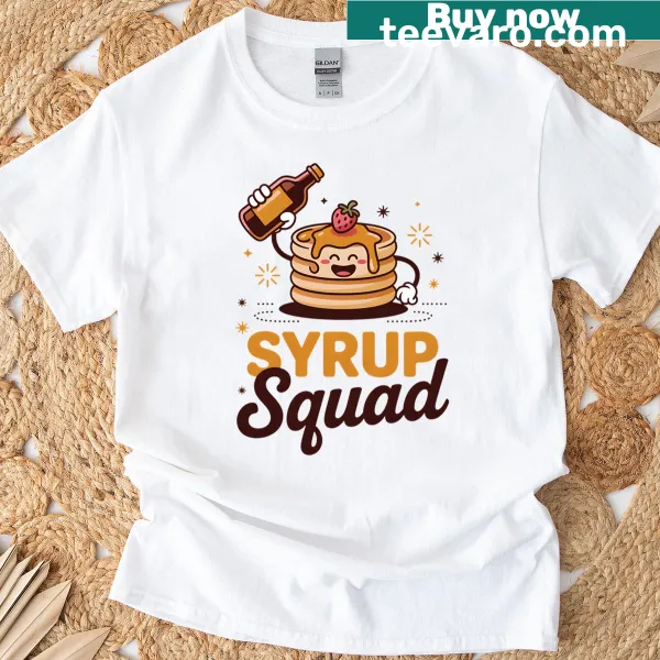 Cartoon pancake breakfast scene celebrating syrup on a T-shirt