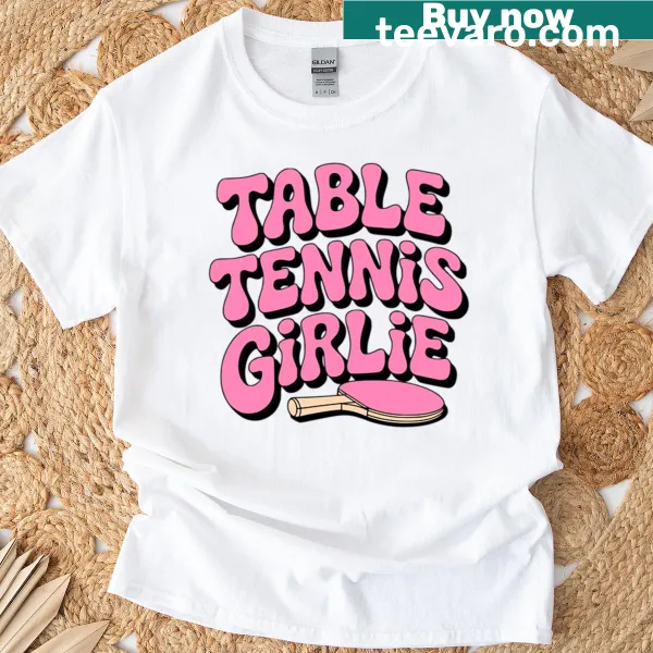 Playful pink graphic design celebrating table tennis for girls.