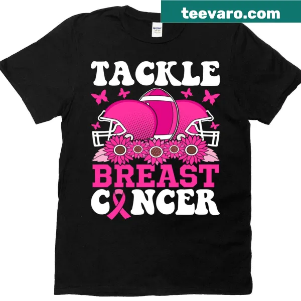 American football themed women's t-shirt with a pink awareness ribbon graphic