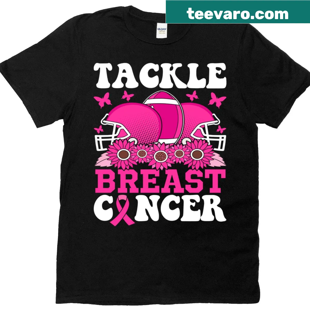American football themed women's t-shirt with a pink awareness ribbon graphic — on a men's t-shirt