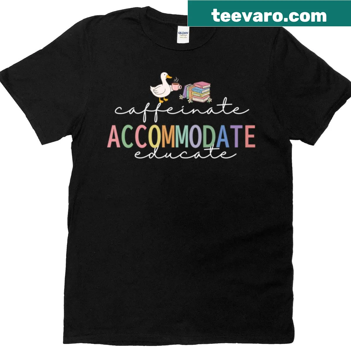 Teacher's T-shirt with the phrase 'Caffeinate, Accommodate, Educate' in a fun design — on a men's t-shirt