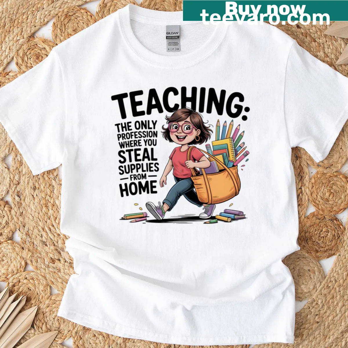 Humorous text design about teaching on an oversized T-shirt — on a men's t-shirt