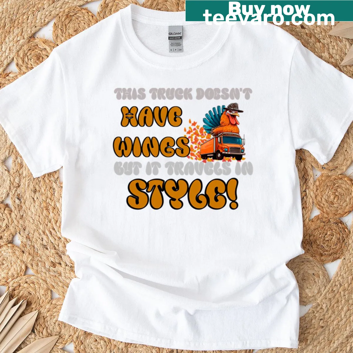 Funny Thanksgiving T-shirt with a turkey driving a truck — on a men's t-shirt