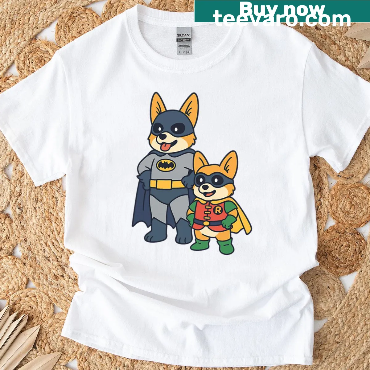 Corgi superhero parody T-shirt with whimsical design — on a men's t-shirt