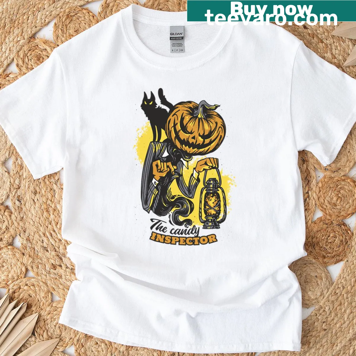 Halloween T-shirt featuring a whimsical candy inspector design — on a men's t-shirt