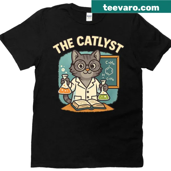 Playful illustration of a cat featured on a fun T-shirt.