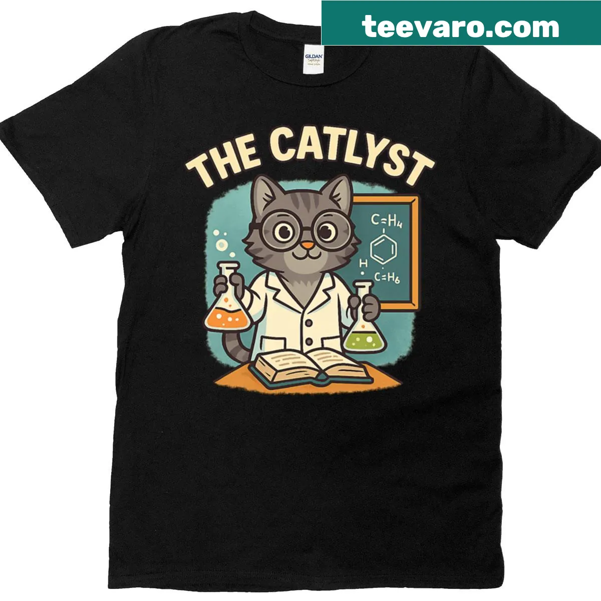 Playful illustration of a cat featured on a fun T-shirt. — on a men's t-shirt