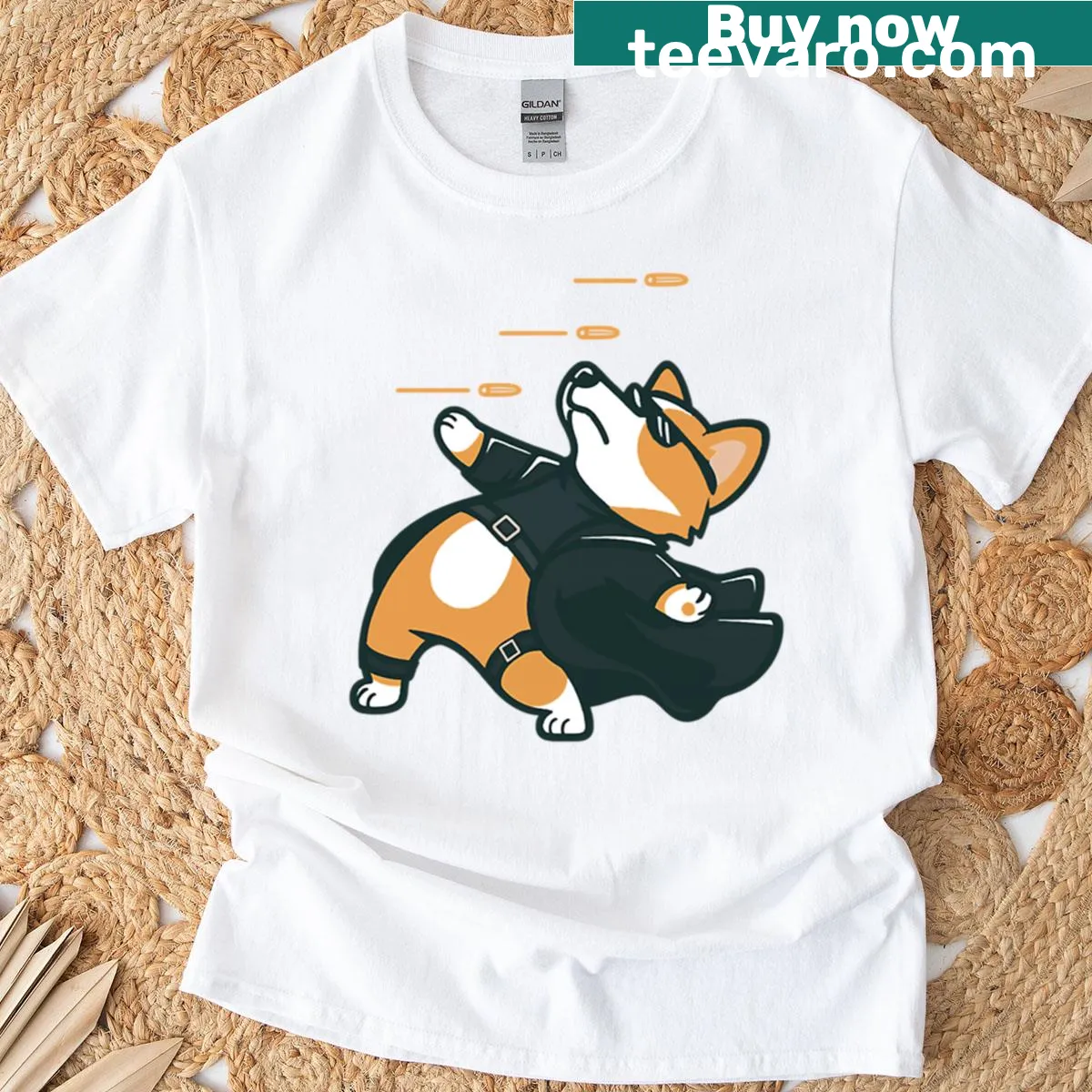 Corgi parody T-shirt featuring a bullet time design — on a men's t-shirt