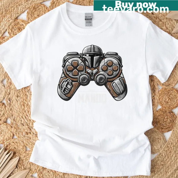 Playful Mandalorian themed t-shirt with iconic elements