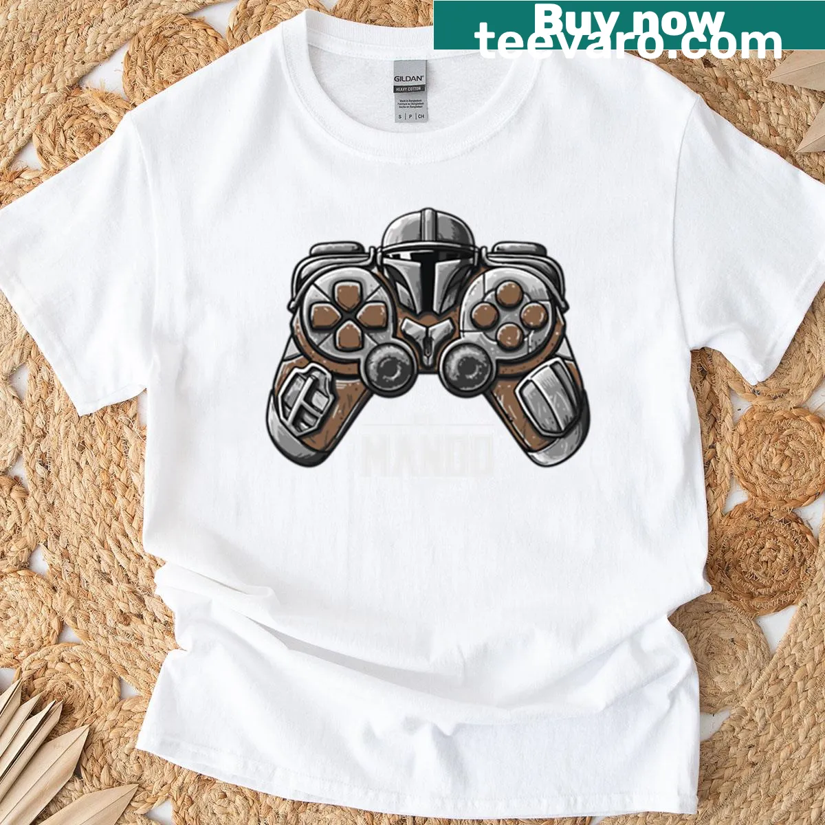 Playful Mandalorian themed t-shirt with iconic elements — on a men's t-shirt
