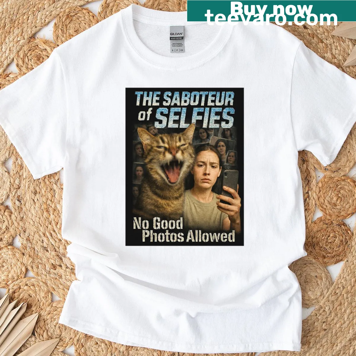 Funny t-shirt featuring 'The Saboteur Of Selfies' cat meme — on a men's t-shirt