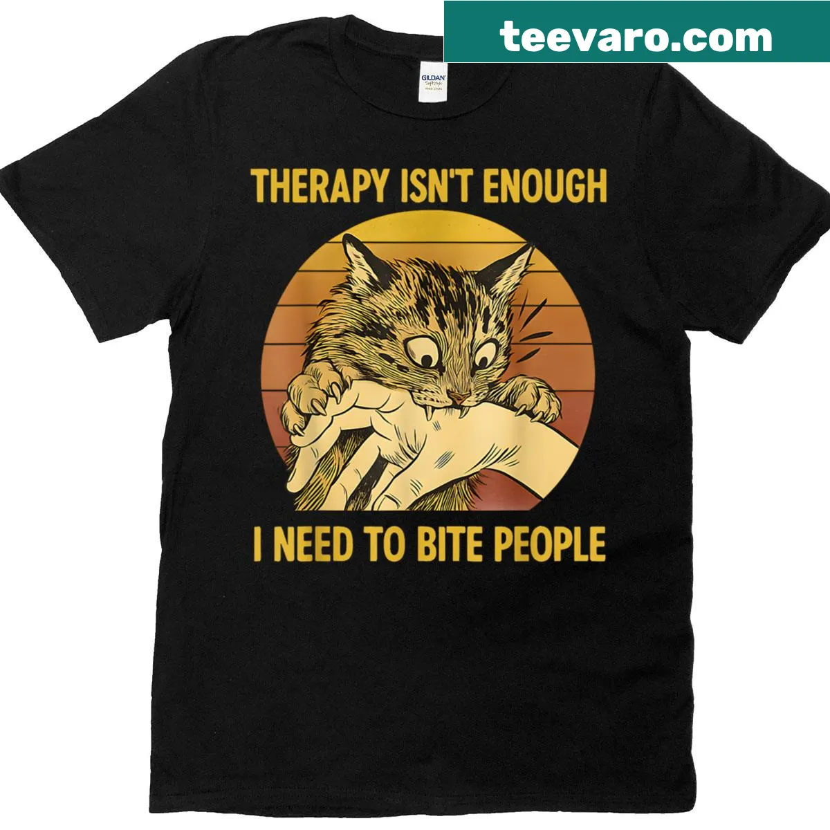 Humorous cat-themed shirt with bold text about biting people — on a men's t-shirt