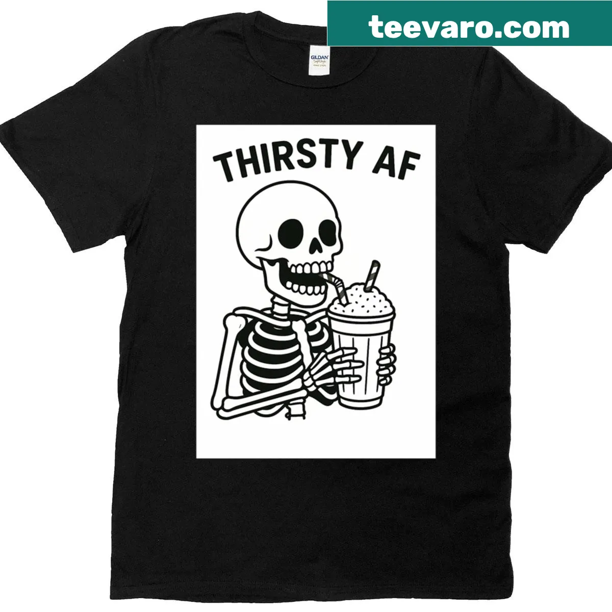 Cartoon skeleton drinking a giant milkshake — on a men's t-shirt