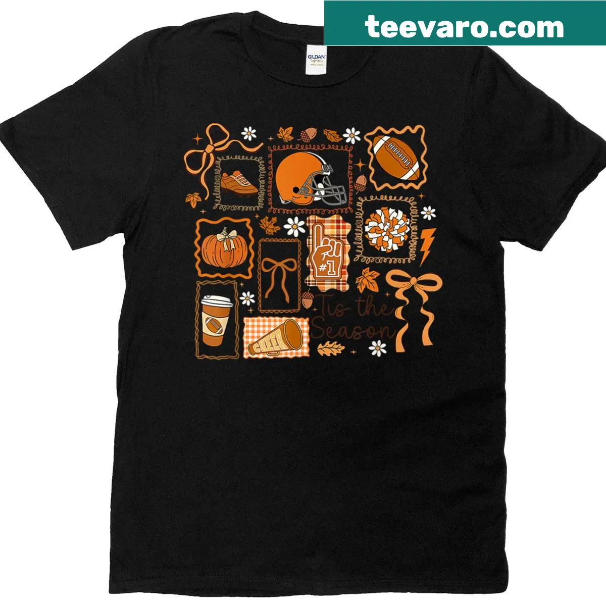 Thanksgiving-themed t-shirt with illustrations of pumpkins, football, and bows — on a men's t-shirt