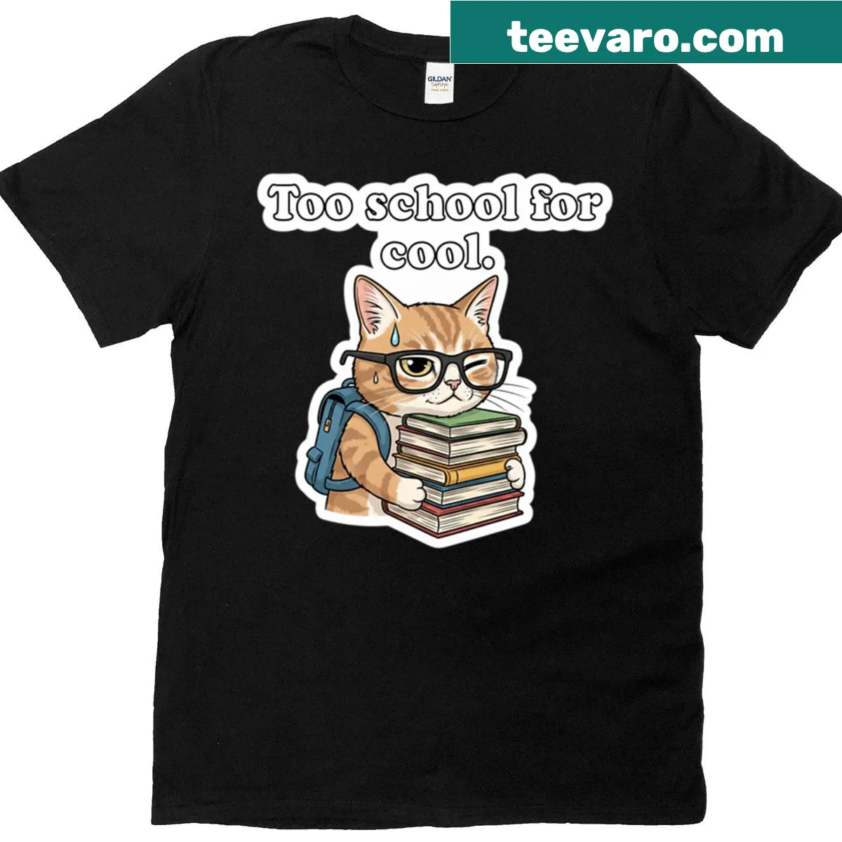Funny T-shirt with 'Too School For Cool Cat' text — on a men's t-shirt