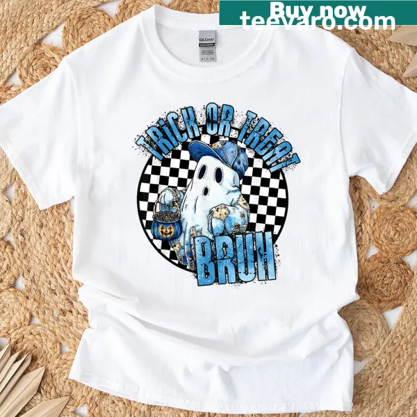 Cartoon ghost with 'Trick or Treat Bruh' text on a denim-style shirt
