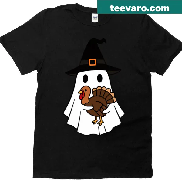 Whimsical turkey ghost with a witch hat on a kids t-shirt