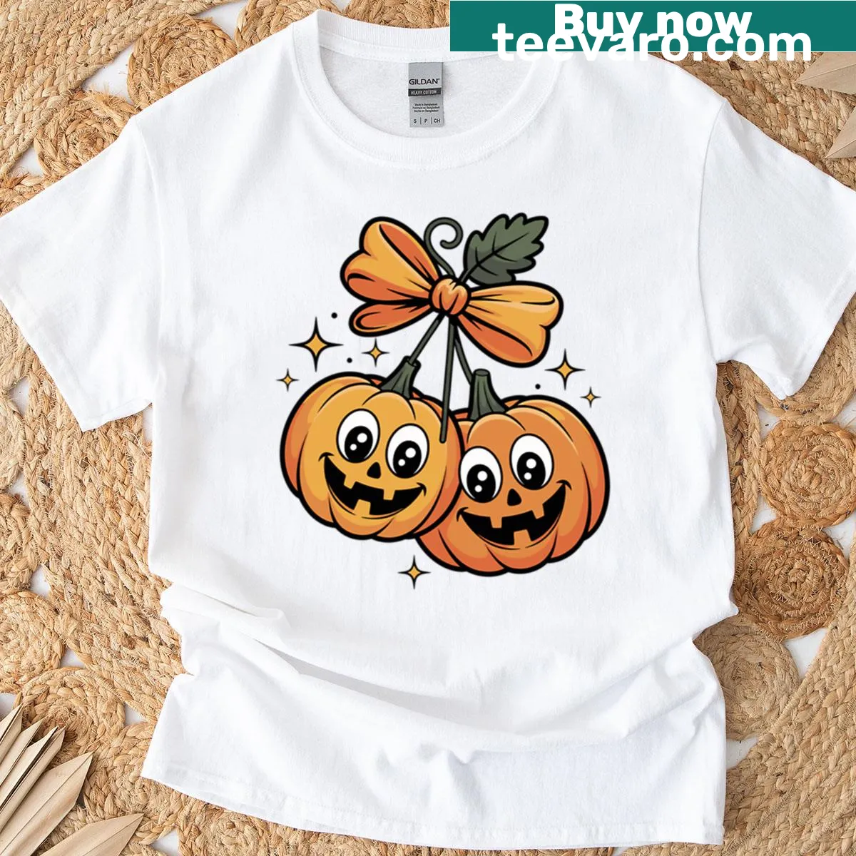 Cute t-shirt featuring two cheerful jack-o-lanterns — on a men's t-shirt